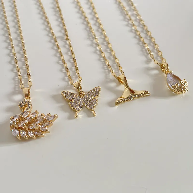 4 Designs Stainless Steel Zircon Butterfly Necklace Waterdrop Fish Tail Swan Pendant Necklaces Dainty Minimalist Trendy Jewelry
