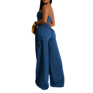 Women's Autumn-Winter Best-Selling Casual Denim Crop Top With <b>Rope</b>-Detailed Wide-Leg Pants Set Fashion - Product Image 4