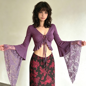 European spicy lace spliced bell sleeve V <b>neck</b> <b>tie</b> ruffled cropped cover up vacation style pure desire design top - Product Image 3