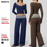 Ensemble de Pilates Dingtai Color Block en tissu brossé pour femme, comprenant un haut rembourré à manches longues et un pantalon large, avec effet ventre plat et évacuation de l'humidité