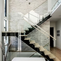 Escalier flottant en verre avec bande de roulement en bois droite moderne pour intérieur/Escalier en bois léger LED en forme de U pour villa