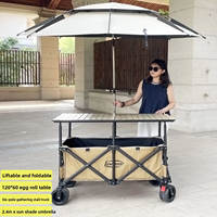 Chariot de camping pliable avec table et parasol, chariot d'extérieur pliable pour stand de vente, camping, pique-nique, plage