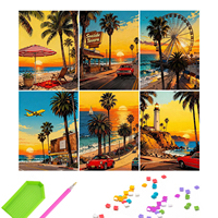 Lot de 6 kits de peinture diamant 5D à forage complet, motif rétro Coucher de soleil sur la plage avec palmiers, Décoration murale pour la maison, Vente en gros