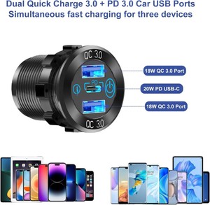 Prise de courant double pour <span class=keywords><strong>voiture</strong></span> 12V avec allume-cigare et chargeur rapide double QC3.0 USB PD Type C pour bateau et camping-car - Product Image 2