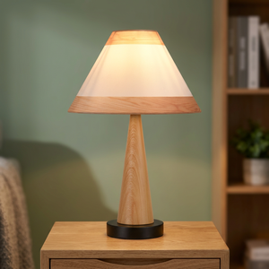 Lámpara de mesa moderna de madera con pantalla tipo pagoda E27 LED blanco cálido 2700K para dormitorio - Product Image 1