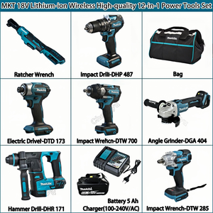 Ensemble d'outils électriques <span class=keywords><strong>sans</strong></span> <span class=keywords><strong>fil</strong></span> <span class=keywords><strong>Makita</strong></span> 18V 13-en-1 pour la maison avec clés à chocs, perceuse à percussion, meuleuse d'angle et tournevis - Product Image 2