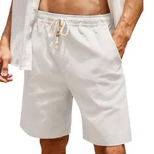 Оптовая продажа, мужские льняные шорты на заказ, повседневные винтажные пляжные шорты с эластичным поясом, дышащие летние пляжные шорты для мужчин