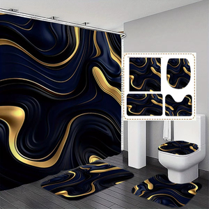 Juego de Baño de Poliéster Negro y Dorado - Cortina de Ducha Clásica con Diseño de Ondas, 12 Ganchos, Tapete Antideslizante y Funda para Asiento de Inodoro, Decoración Moderna para Baño - Product Image 1