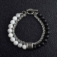 Bracelet double rang en œil de tigre jaune avec perles d'onyx noir mat et intercalaires métalliques, fermoir OT, bijoux commerciaux pour hommes