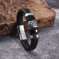 Bracelet en cuir véritable noir avec 5 perles tubulaires en acier inoxydable, fermoir magnétique personnalisé, bijoux pour homme, cadeau pour petit ami, fils