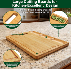 Planche à découper en bambou premium avec compartiments et rainure à jus, bloc de découpe en bois épais pour la préparation des repas et le tri des légumes en cuisine - Product Image 3