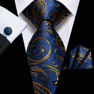 Set Cravatta da <span class=keywords><strong>Uomo</strong></span> Blu Navy con Righe Dorate, Fazzoletto e <span class=keywords><strong>Gemelli</strong></span>, Tessuto Jacquard in Seta per Matrimonio - Product Image 4