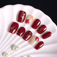 Handgemaakte opzetnagels, wijnrood met gouden flakes, handgeschilderde bloemen, nieuwjaarsverlichtende korte vierkante nagels