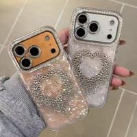 Coque de téléphone en marbre avec protection d'objectif scintillante et cadre d'appareil photo en diamant motif cœur pour iPhone 11 12 13 14 15 Plus 16 17 Pro Max