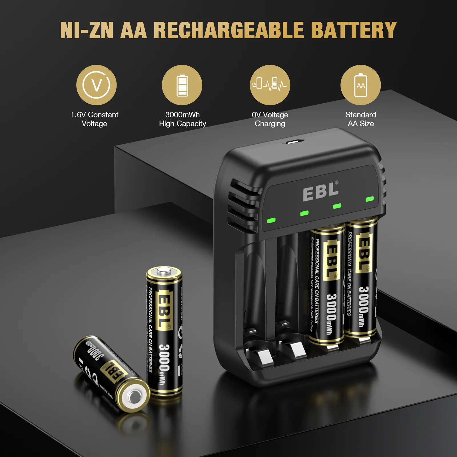 Batteries AA rechargeables EBL 4 Pack 1.6V Double A Ni-Zn 3000mWh avec chargeur de batterie Ni Zn/Ni MH AAA à 4 baies