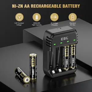 Baterai AA isi ulang EBL 4 Pak 1.6V pengisi daya baterai ganda ni-zn 3000mhh dengan 4 Bay Ni Zn/Ni MH AAA