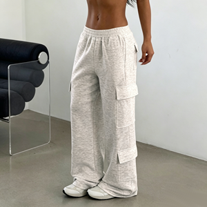 <strong>Women</strong> Heather <strong>Grey</strong> Multi-Patch-Pocket <strong>Cargo</strong> Sweatpants Elastic Waist Loose Wide Leg Streetwear Gym Casual <strong>Trousers</strong> Wholesale - Product Image 2