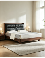 Plateforme de lit en bois massif, cadres de lit en bois pour matelas très grand format, avec tête de lit rembourrée en cuir, montage rapide