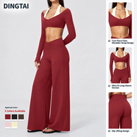 Ensemble haut court à manches longues et pantalon large à double couche pour femme, effet ventre plat, rehaussement des fesses, évacuation de l'humidité, vêtements de sport