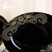 Service de table noir populaire en gros, vaisselle en verre opale, service de table 33 pièces pour la table à domicile, service de table noir opale de luxe avec fleurs