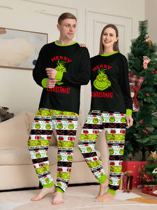 Özelleştirilmiş 2025 yeni yıl partisi Grinch noel pijama ev tekstili setleri siyah elastik bel termal özelliği ön Logo Dropshipping - Product Image 2