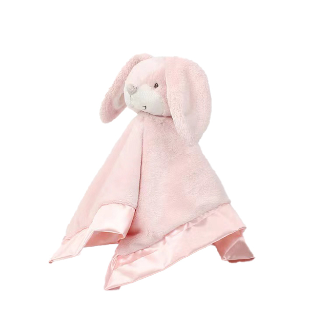 New Wholesale Custom Cute Soft Pink Rabbit Doudou Comforter Satin Edge 40cm Plush Stuffed Animal Toy Unisex Safety Certified