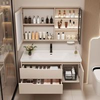 Meuble-lavabo mural en bois massif, directement de l'usine, avec vasque intégrée en céramique et miroir intelligent LED, idéal pour projets hôteliers et villas