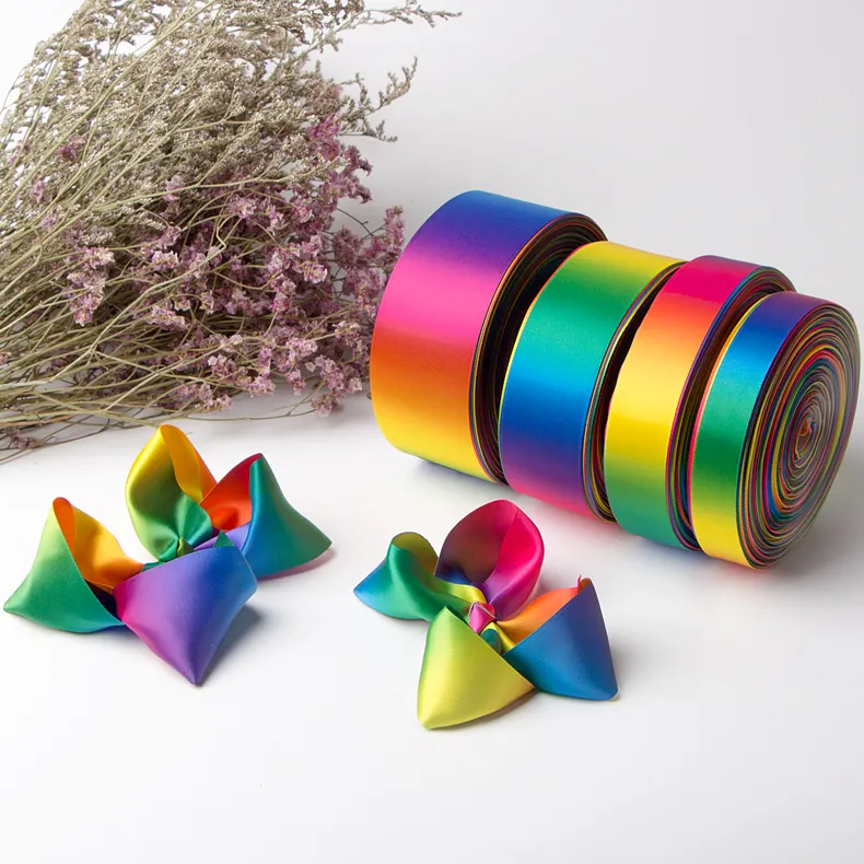 Wholesale Washable Printed Dark Rainbow Double face Satin Ribbon