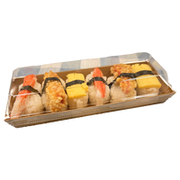 Vente chaude Barquette alimentaire jetable en papier kraft recyclable avec lamination brillante et couvercle transparent en PET pour sushi/collations/pâtisserie et sucre