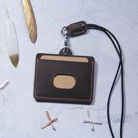 Porte-badge en cuir véritable avec cordon, personnalisable, pour carte d'identité professionnelle, portefeuille avec poche pour étudiants, bus et usage bureautique
