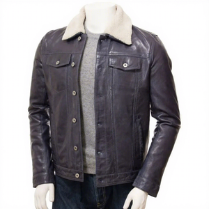 Custom <b>Men's</b> Genuine Leather <b>Jacket</b> Vintage Dark Blue Cowhide Leather Coat with White <b>Shearling</b> Fur Collar Winter Warm Bomber - Product Image 1