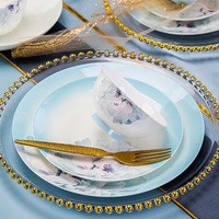 Service de table en porcelaine élégant bleu dégradé à motifs floraux, motif pivoine peint à la main, bord doux, bols et assiettes en céramique de luxe pour