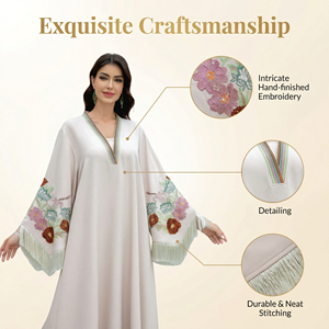Abaya Crème à Broderie Florale avec Manches à Pompons pour Occasions Spéciales Commande en Gros - Product Image 3