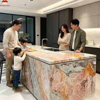 Table de salle à manger îlot cascade de luxe en marbre de calcite rose et vert naturel, imperméable et durable, pour cuisine et villa