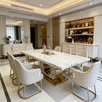 Ensemble de table à manger d'hôtel moderne de luxe chromé or, 6 places, plateau en marbre, structure en acier inoxydable, meubles de salle à manger