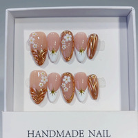 Faux ongles à presser en acrylique faits main, 10 pièces, couvrance totale, forme amande, pré-dessinés avec colle, motif floral personnalisé pour doigts
