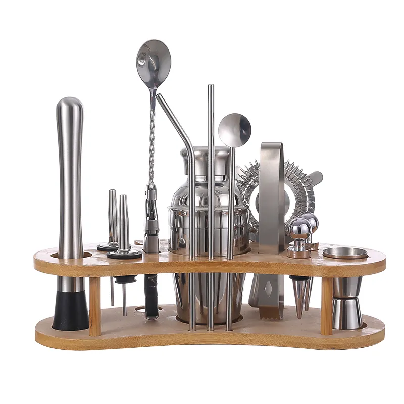 Customized 350ml Stainless Steel Cocktail Shaker Bar Tools Mixing Barware Set with Wood Stand