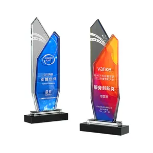 New crystal glass trophy bank shield shape wooden base metal acrylic crystal medals award Combined Overlapping Gold Medal