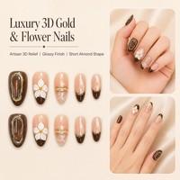 H005-16 Kaixin Grosir Kuku Palsu Almond Sedang Warna Nude Pink Coklat French Tip Emas Foil Motif Zebra Bunga Mengkilap