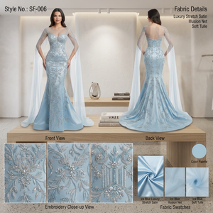 Vestido de Noche Largo Azul Hielo Satinado Moderno con Adornos Hechos a Mano, Sujetador Incorporado, Ecológico, para Fiestas Formales y Bodas - Product Image 3