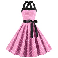 Gaun Halter Polkadot Retro 2026 Gaya Elegan Vintage Midi Bahan Sifon untuk Musim Panas