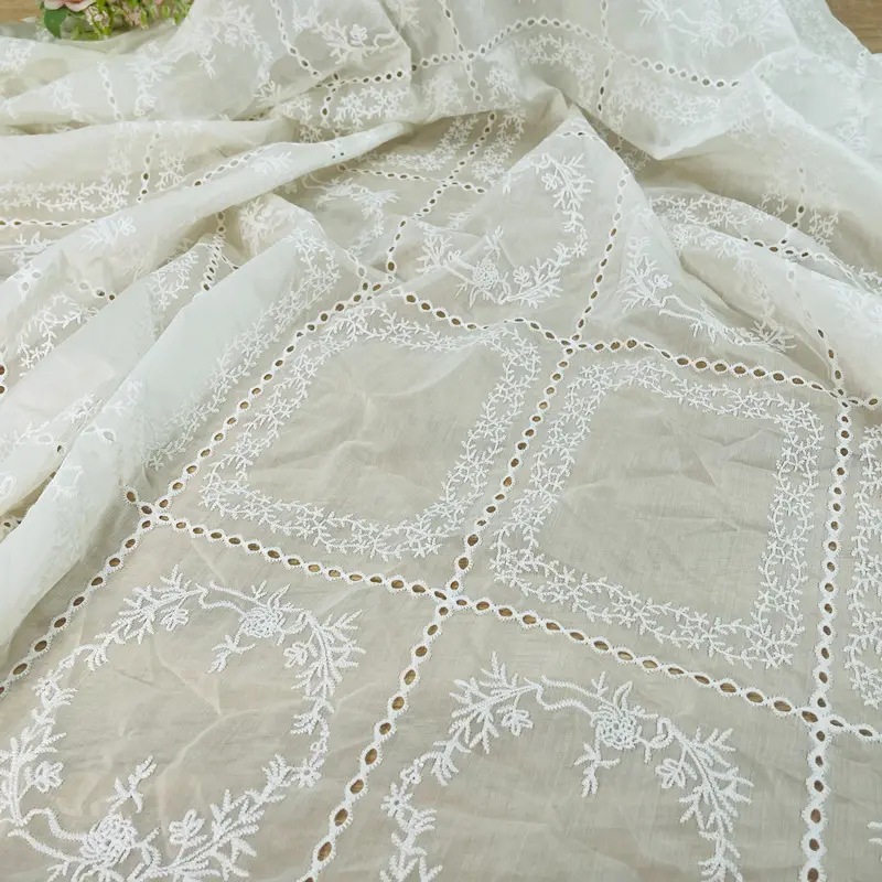 Tencel Embroidery Lace Fabric Retro Milk Silk Embroidered French Plaid Clothing Hollowed out with Beautiful Embroidered Pattern