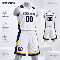 Ensemble de maillots de basket-ball personnalisés blanc, marine et jaune, col en V, blocs de couleur, sublimation, tenue d'équipe, vente en gros, uniforme personnalisé pour les États-Unis