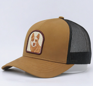 Casquette Trucker Marron Bicolore en Maille avec Patch <span class=keywords><strong>Brodé</strong></span> Personnalisé Chien Corgi TOPCAP – Casquette de Baseball en Maille pour Hommes et Femmes – Vente en Gros - Product Image 1