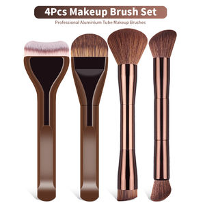 Juego de 4 Brochas de Maquillaje de Doble Punta, Tubo de Aluminio Premium, Cerdas Sintéticas Suaves para Base, Contorno, Rubor, Polvo y Maquillaje Facial - Product Image 1