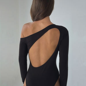 2025 Women's Long Sleeve Bodysuit Backless Cut-Out Off-Shoulder Asymmetrical Neck Stretch Knit Spandex/Polyester Patchwork <b>Yoga</b> - Product Image 1