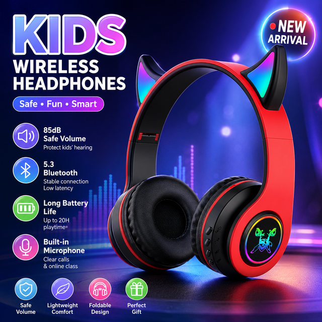 2026 Top Quality Stereo Wireless cat Over Ear Headphones Gaming Cute Earphones with Led Handset