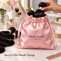 Pochette en satin blanc avec logo pour extensions capillaires, sac de rangement à cordon pour bijoux, tresses et perruques