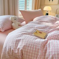 Ensemble de housse de couette à carreaux plaid, taille Queen, rose et blanc |   Literie cachée en microfibre lavée, douce et respirante, pour toutes les saisons