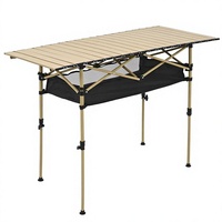 Table de camping pliante portable FXKS, hauteur réglable, beige, 47x21, acier au carbone, plateau enroulable, pieds indépendants pleine longueur